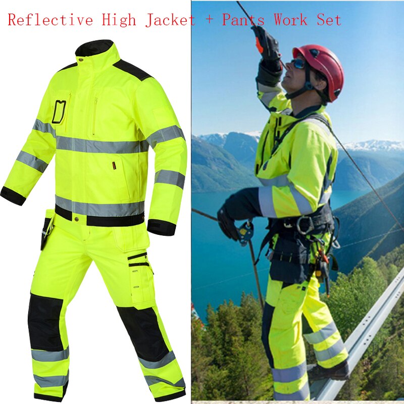 ݻ  Ŷ +  ÷ پ  ߿ ۾ ۾   Ƽ   ۾ Ƿ Ʈ/Reflective Jacket + pants High visibility Men Outdoor Working Tops Fluorescent Yell